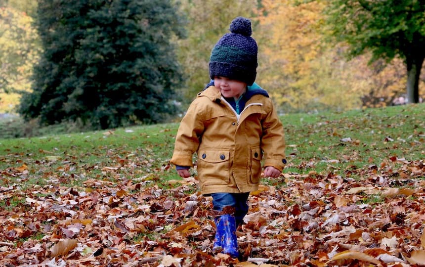 toddler playing in autumn leaves